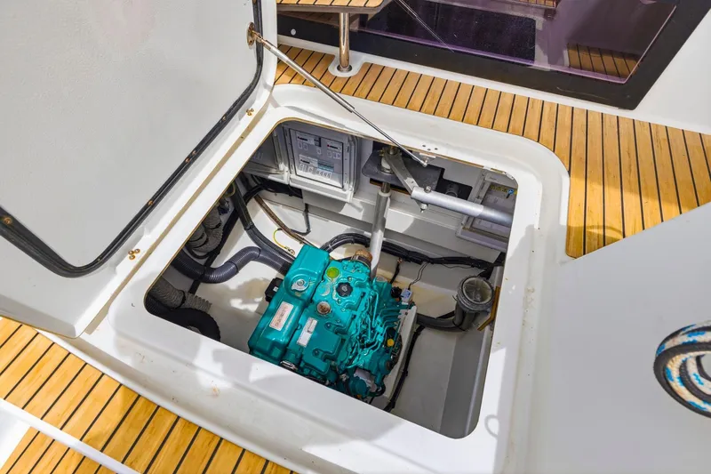 Nauti Mollie Yacht Photos Pics Engine compartment of 2020 Fountaine Pajot Astrea 42 Catamaran with visible machinery.
