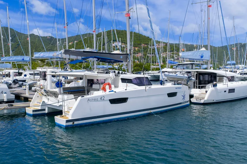 Nauti Mollie Yacht Photos Pics 2020 Fountaine Pajot Astrea 42 Catamaran docked in a scenic marina.