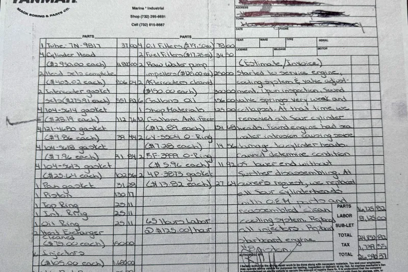  Yacht Photos Pics Invoice detailing parts and labor for 2001 Cabo 35 Express engine service and repairs.
