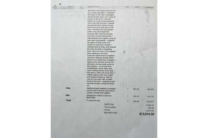  Yacht Photos Pics Invoice detailing repairs and services for a 2001 Cabo 35 Express boat, totaling $13,816.58.
