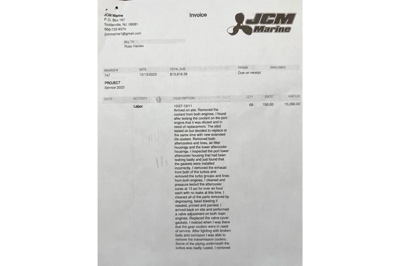  Yacht Photos Pics Invoice from JCM Marine for Cabo 35 Express, 2001, detailing labor and service costs.