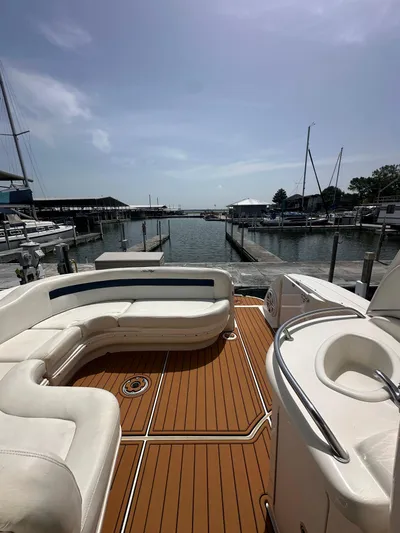 Don't Blink Yacht Photos Pics 2005 Sea Ray 340 Sundancer boat interior with seating, docked at marina.