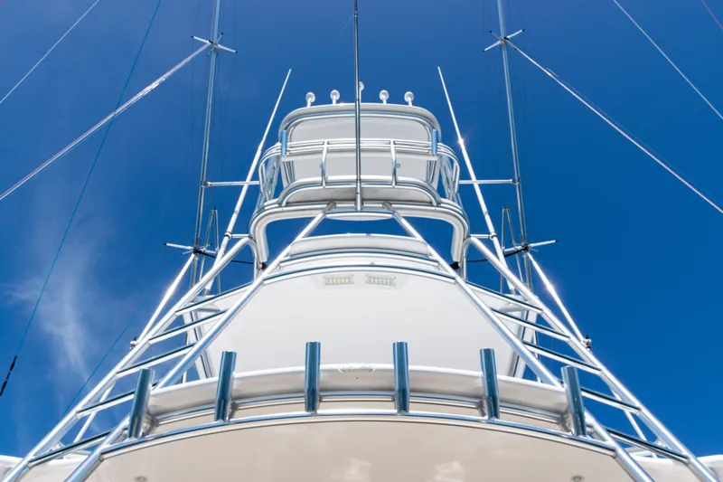  Yacht Photos Pics 2021 Viking 44 Open yacht tower against clear blue sky.