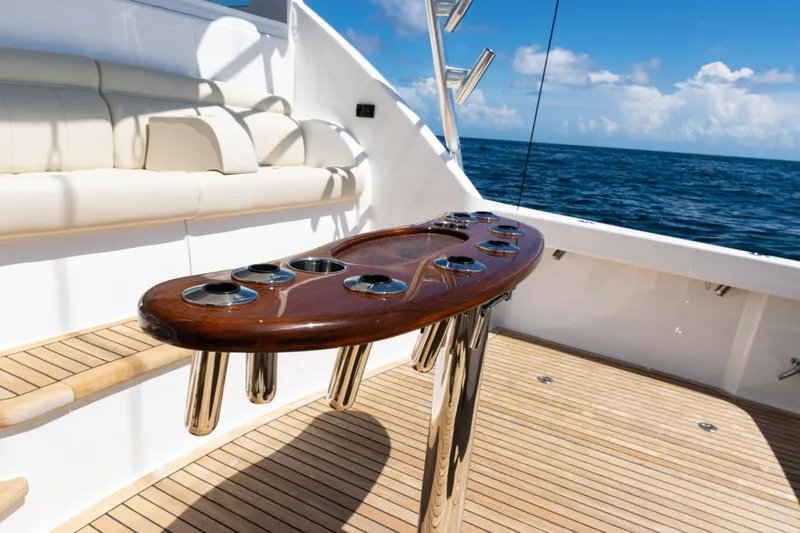 Yacht Photos Pics Luxury Viking 44 Open yacht deck with rod holders, ocean view, 2021 model.