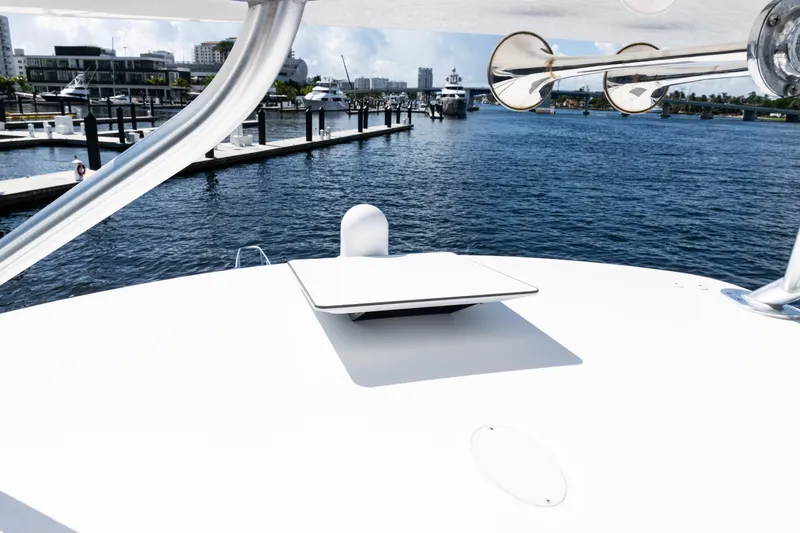  Yacht Photos Pics 2021 Viking 44 Open yacht docked at marina with clear blue water.