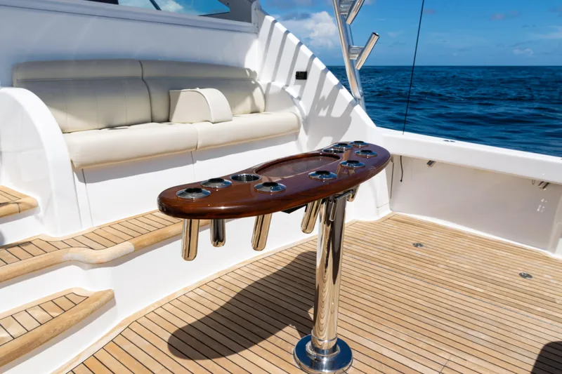  Yacht Photos Pics Luxurious 2021 Viking 44 Open yacht deck with seating and rod holders.