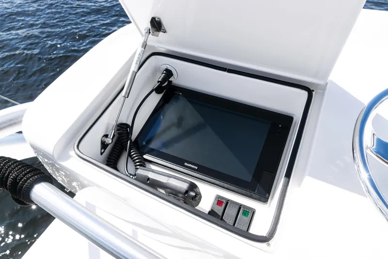  Yacht Photos Pics Control panel of 2021 Viking 44 Open yacht with Garmin display and controls.