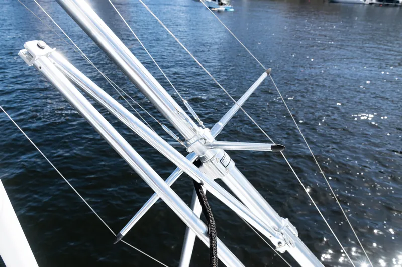  Yacht Photos Pics Close-up of 2021 Viking 44 Open yacht rigging over water.