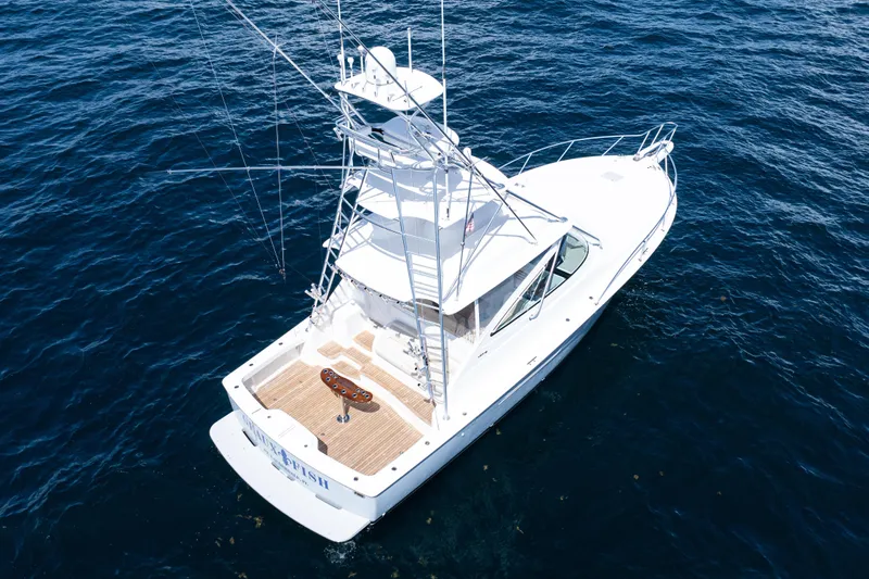  Yacht Photos Pics Aerial view of 2021 Viking 44 Open yacht on the ocean.