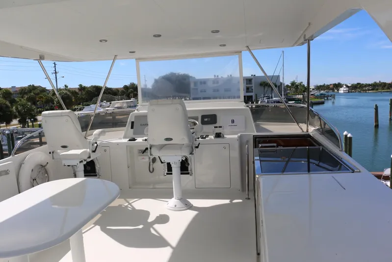  Yacht Photos Pics Flybridge of 2004 Cheoy Lee 68 yacht with helm chairs and ocean view.