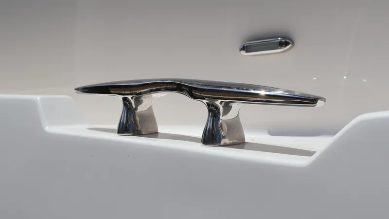  Yacht Photos Pics Close-up of a 2022 Regal 36 XO boat's polished stainless steel cleat.