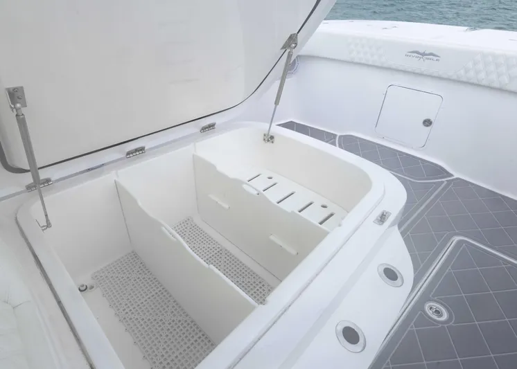  Yacht Photos Pics 2023 Invincible 33 Catamaran storage compartment with open lid, showcasing spacious interior design.