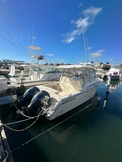  Yacht Photos Pics 2006 Grady-White Express 330 boat docked in marina under clear blue sky.