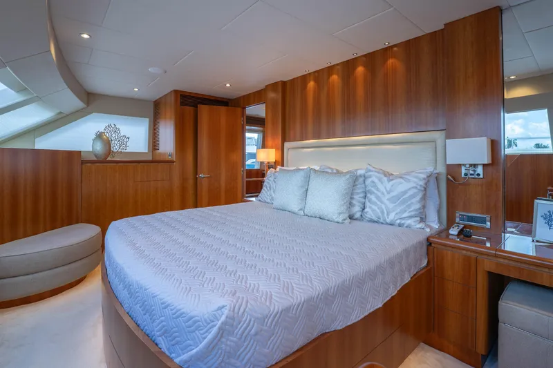 Vitality Yacht Photos Pics Luxurious bedroom interior on 2016 Horizon PC60 yacht with elegant wood paneling and plush bedding.