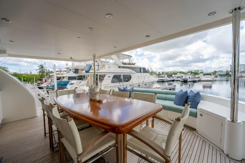 Vitality Yacht Photos Pics Luxurious 2016 Horizon PC60 yacht deck with dining area, marina view, and comfortable seating.