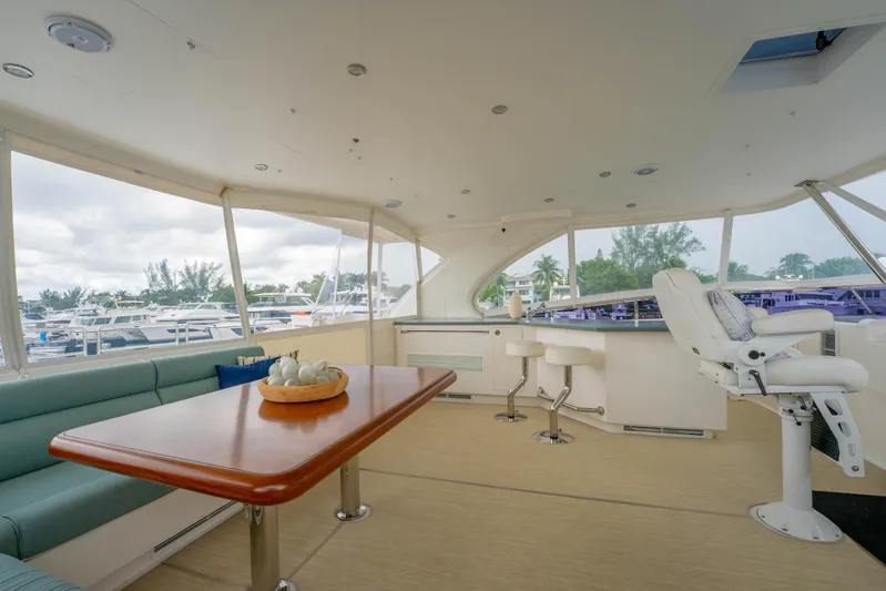 Vitality Yacht Photos Pics Luxurious 2016 Horizon PC60 yacht interior with seating, table, and helm station.