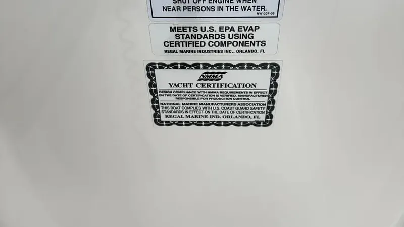  Yacht Photos Pics Yacht certification labels on a 2022 Regal LX36, meeting EPA standards, Orlando, FL.