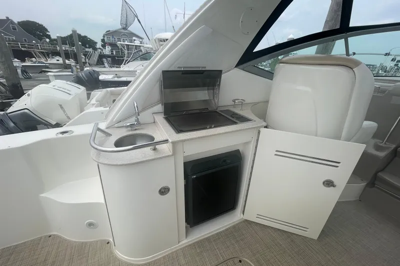 Catalyst Yacht Photos Pics 2009 Sea Ray 330 Sundancer boat interior with kitchenette and sink.