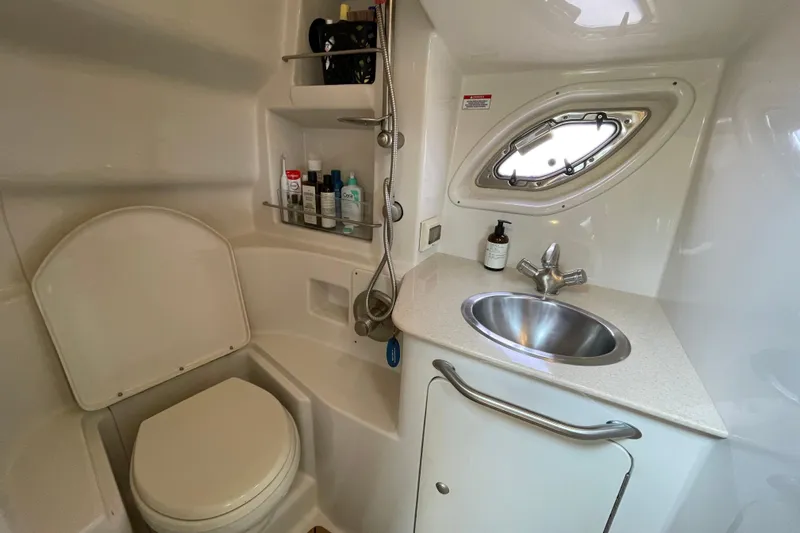 Catalyst Yacht Photos Pics 2009 Sea Ray 330 Sundancer bathroom with toilet, sink, and toiletries.