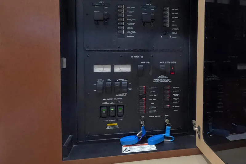 Still Waters Yacht Photos Pics Electrical control panel inside a 2007 Sea Ray 44 Sedan Bridge yacht.