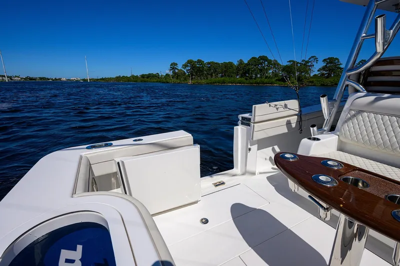 Miss Allied Yacht Photos Pics Luxurious 2022 Valhalla V41 yacht interior with elegant seating and scenic water view.