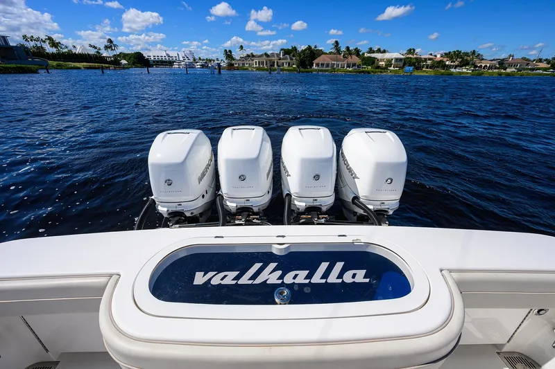 Miss Allied Yacht Photos Pics 2022 Valhalla V41 boat with four Mercury engines on a sunny day.