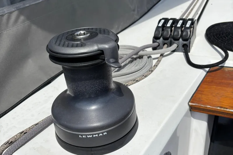 Godspeed Yacht Photos Pics Winch and ropes on 2023 Nautitech 44 Open sailboat deck.
