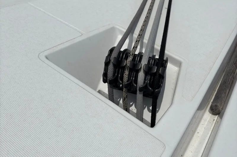 Godspeed Yacht Photos Pics Rope clutches on 2023 Nautitech 44 Open catamaran deck, showcasing sailing equipment.