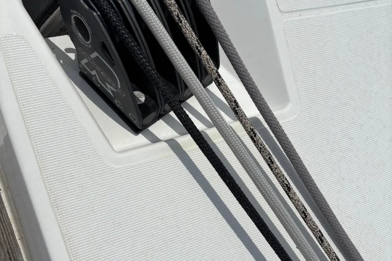Godspeed Yacht Photos Pics Close-up of Nautitech 44 Open 2023 sailboat rigging and ropes on deck.