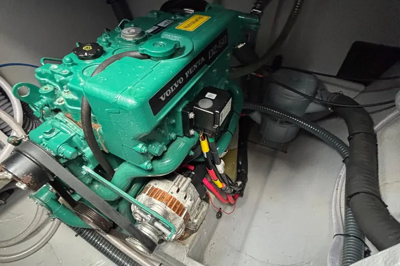 Godspeed Yacht Photos Pics Engine compartment of 2023 Nautitech 44 Open with Volvo Penta engine.