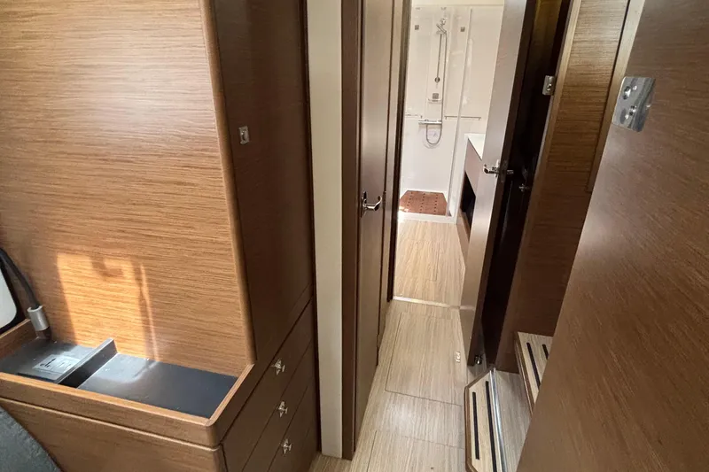 Godspeed Yacht Photos Pics Interior of 2023 Nautitech 44 Open yacht, featuring wood paneling and modern design.
