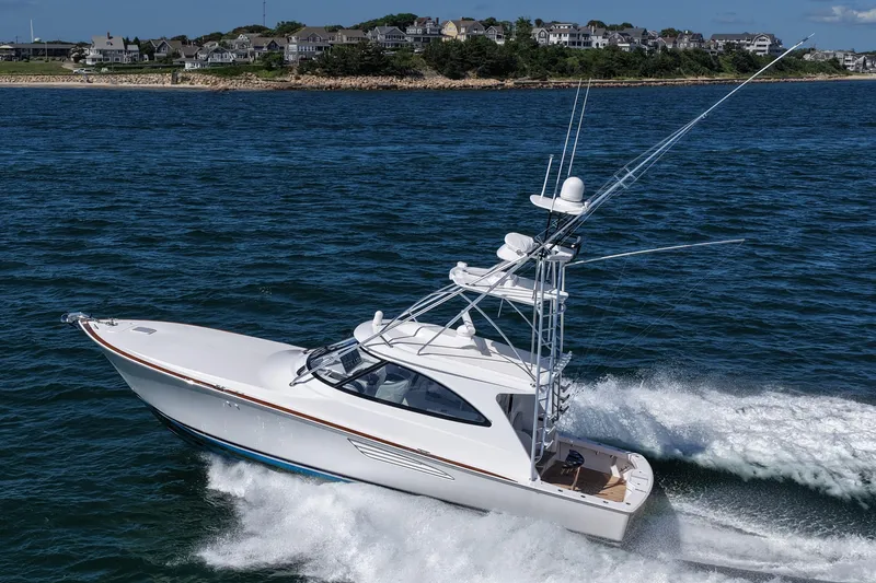 Pamela Yacht Photos Pics 2024 Viking 48 Sport Tower cruising on ocean near coastal homes.