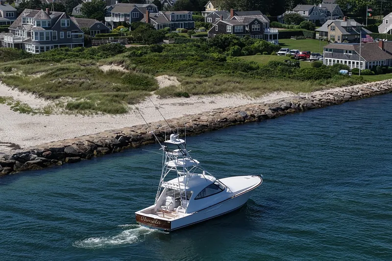 Pamela Yacht Photos Pics 2024 Viking 48 Sport Tower yacht cruising near coastal homes and sandy beach.