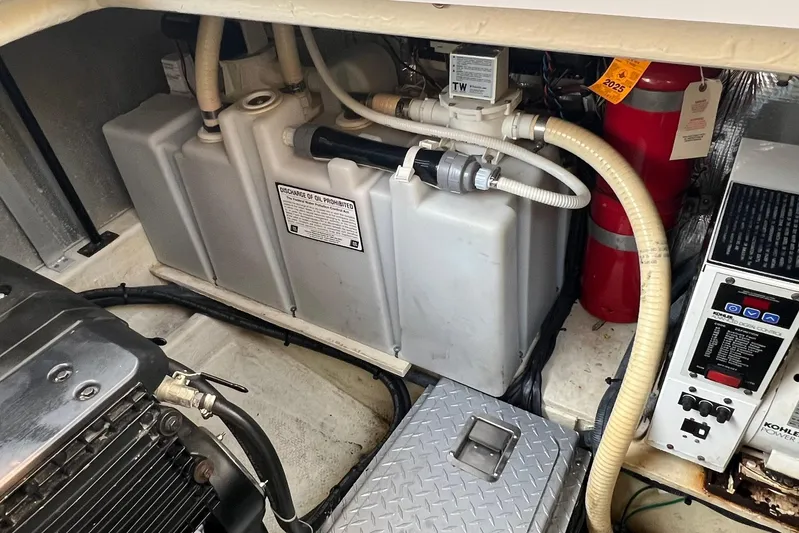  Yacht Photos Pics Engine compartment of 2008 Four Winns 378 Vista with fuel tank and fire extinguisher.