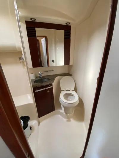  Yacht Photos Pics 2005 Sea Ray 420 Sedan Bridge bathroom with toilet, sink, and mirror.