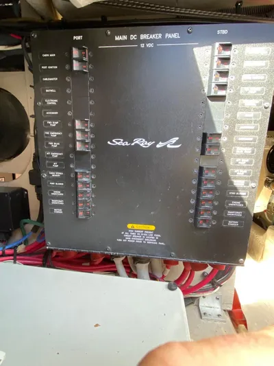  Yacht Photos Pics 2005 Sea Ray 420 Sedan Bridge main DC breaker panel with labeled switches and wiring.