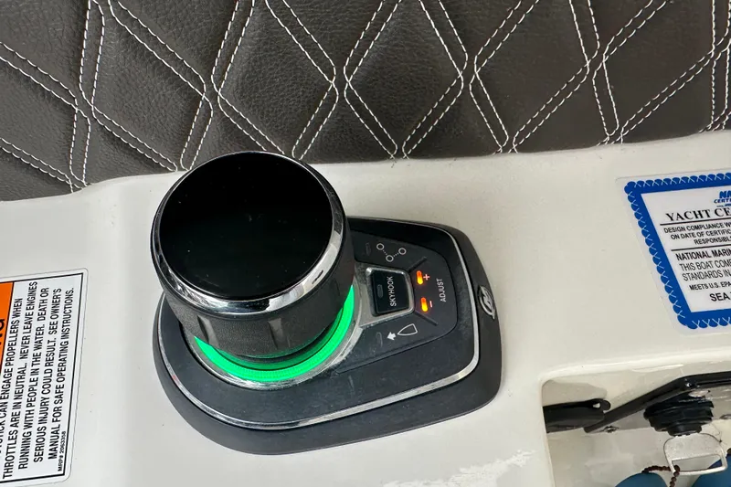 Yacht Photos Pics Control panel of 2019 Sea Ray SLX 350 Outboard with leather stitching detail.