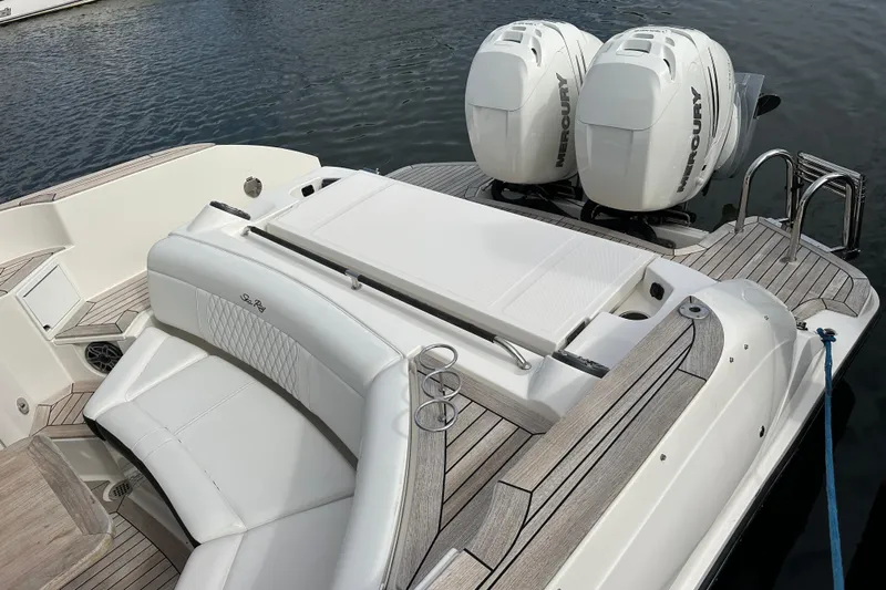  Yacht Photos Pics 2019 Sea Ray SLX 350 Outboard with twin Mercury engines, featuring luxurious seating and teak decking.