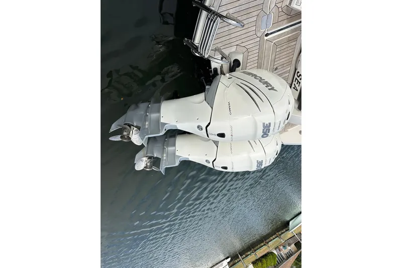  Yacht Photos Pics 2019 Sea Ray SLX 350 Outboard with twin Mercury engines on water.