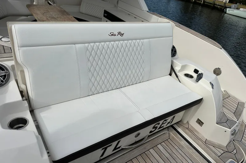  Yacht Photos Pics 2019 Sea Ray SLX 350 Outboard boat with white cushioned seating and elegant design.