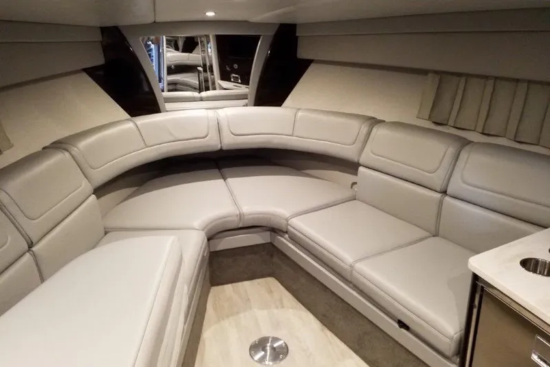  Yacht Photos Pics Luxurious interior of 2021 Formula 350 Sun Sport boat with plush seating.