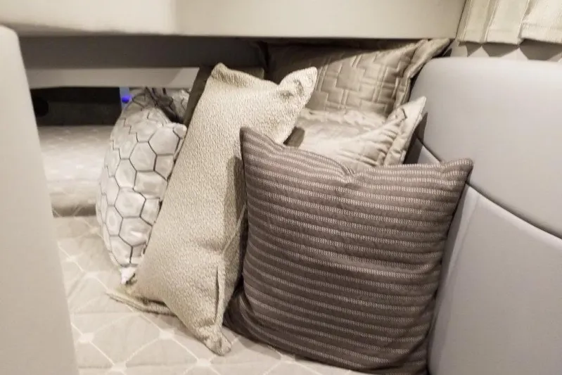  Yacht Photos Pics Interior cabin of 2021 Formula 350 Sun Sport with plush pillows and modern design.