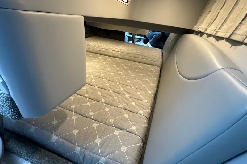  Yacht Photos Pics 2021 Formula 350 Sun Sport interior cabin with cushioned seating and modern design.