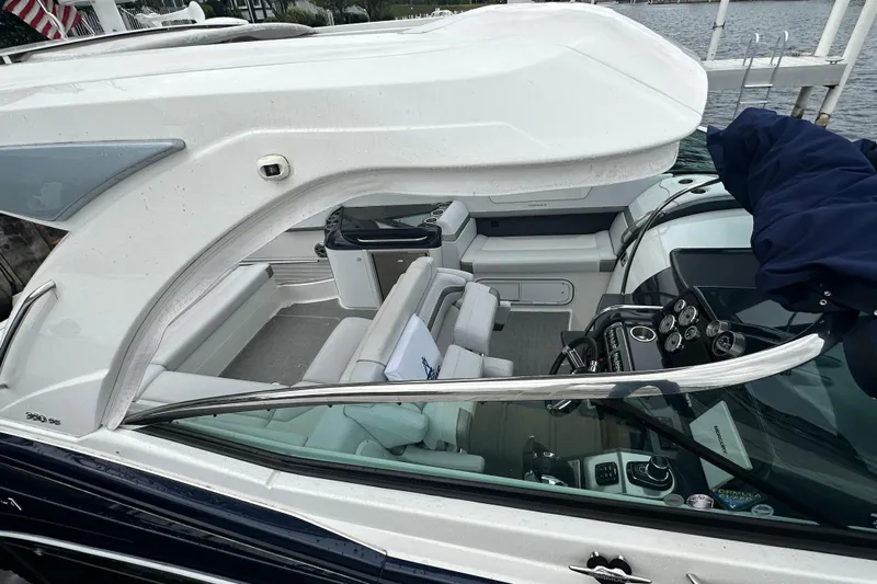  Yacht Photos Pics 2021 Formula 350 Sun Sport boat interior with sleek design and modern controls.
