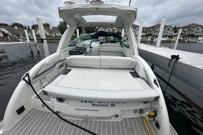  Yacht Photos Pics 2021 Formula 350 Sun Sport boat docked in Manistee, Michigan marina.