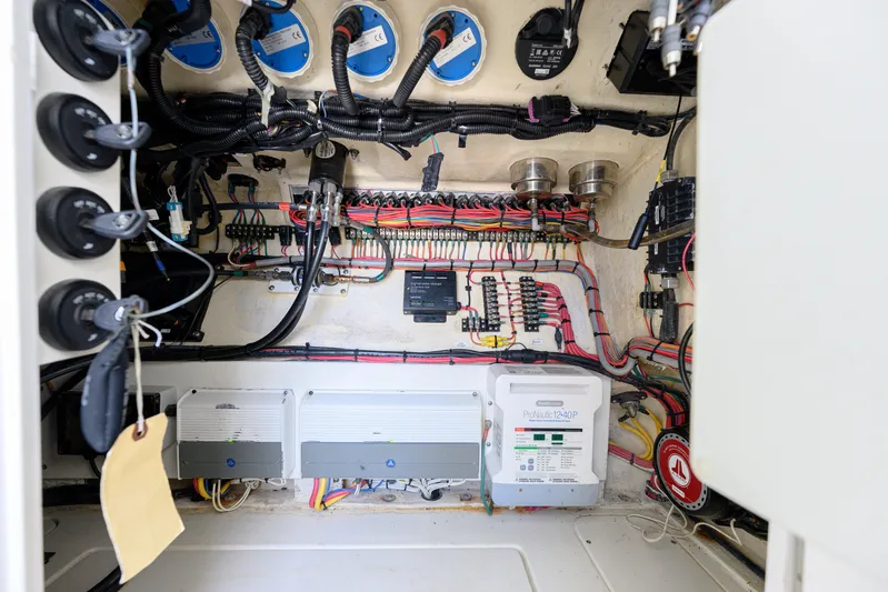 39z Yacht Photos Pics Electrical system of a 2017 SeaVee 390 boat, showcasing wiring and components.