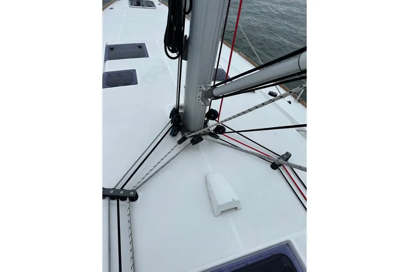  Yacht Photos Pics Deck view of a 2017 Beneteau Oceanis 45 sailboat, showing rigging and mast details.