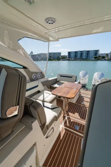  Yacht Photos Pics Interior of 2023 Tiara Yachts 34 LX with waterfront view.