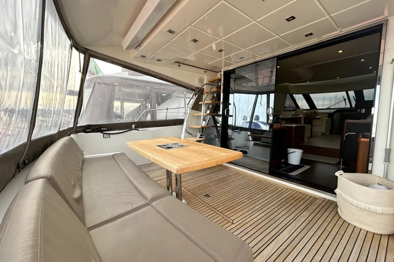  Yacht Photos Pics Luxurious 2014 Prestige 550 Fly yacht interior with seating and wooden table.