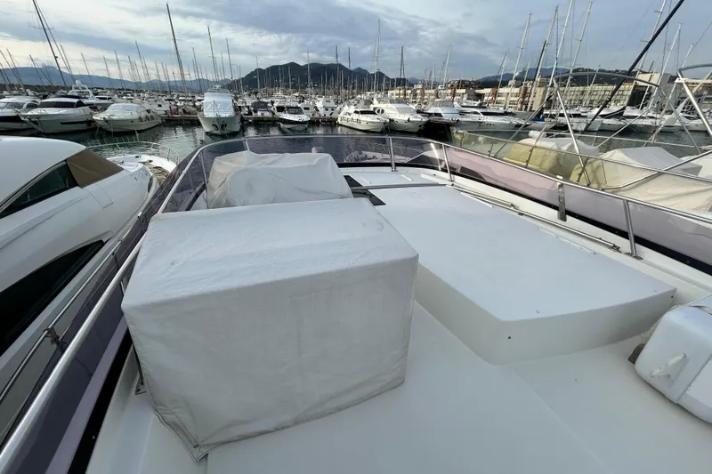  Yacht Photos Pics Prestige 550 Fly 2014 yacht deck view in a marina with surrounding boats.